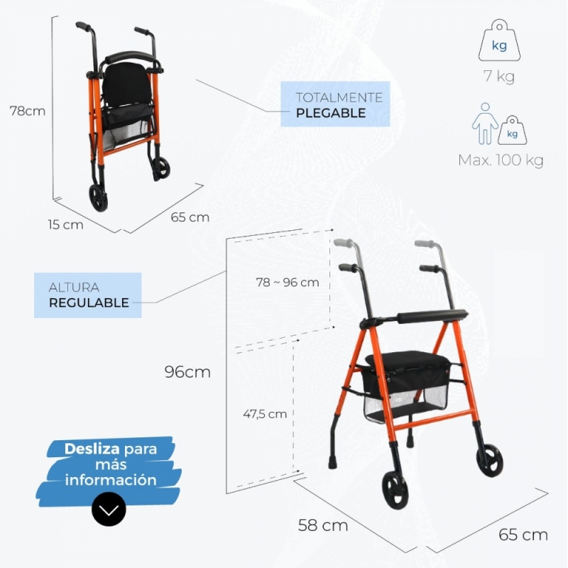 Andador para ancianos de 4 ruedas, Altura regulable, plegable, respaldo y  asiento