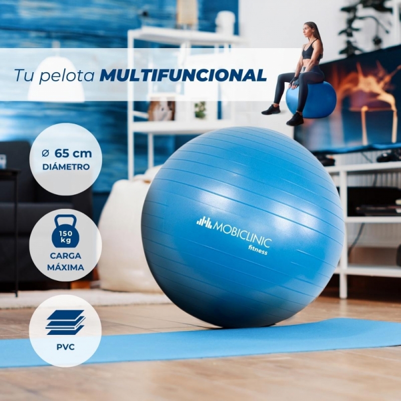 Pelota de pilates, 58 cm, Antideslizante, Anti-pinchazos, Incluye  inflador, Lavable, Azul, PY-01