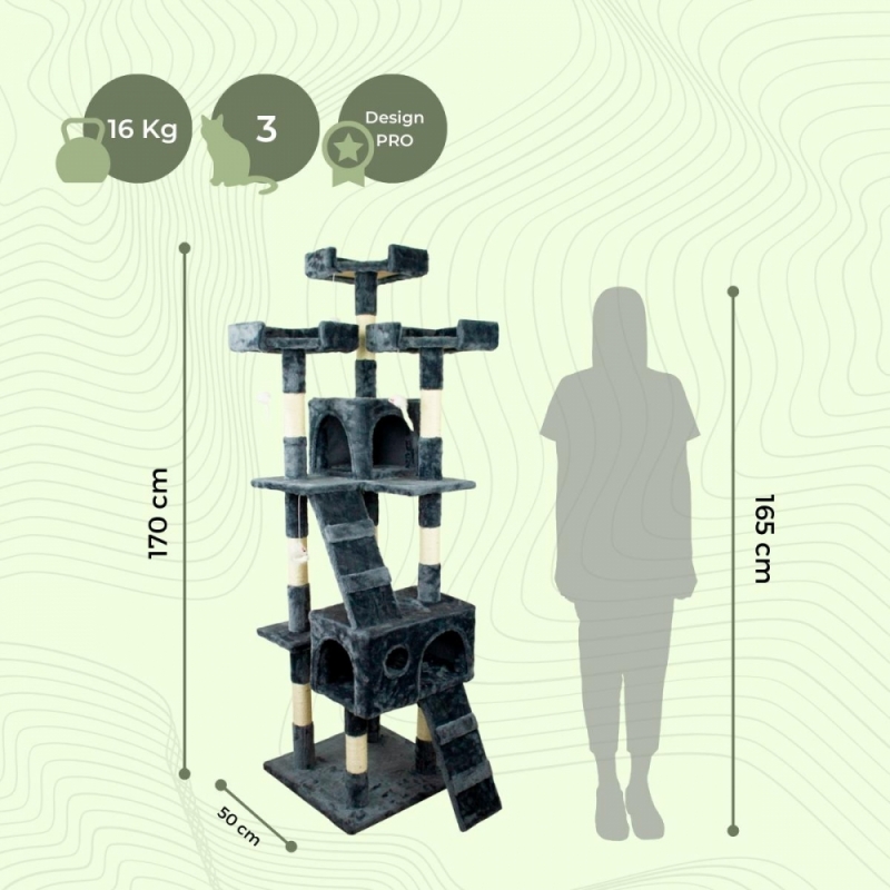 Tiragraffi per gatti, Grande, Rifugio, 4 altezze, 50x50x170cm, 16 kg, Grigio, Tom, Supporta 10 kg