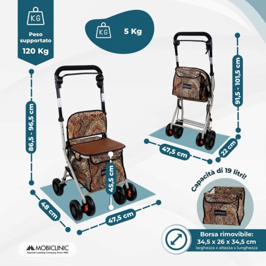 AREBOS carrello pieghevole con 2 tasche a rete freni
