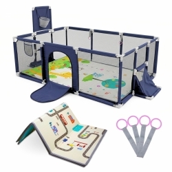Parco giochi per bambini | Tappeto | 128x233 cm | Anelli | Canestro e rete da calcio | Borsa per il trasporto | Mobiclinic